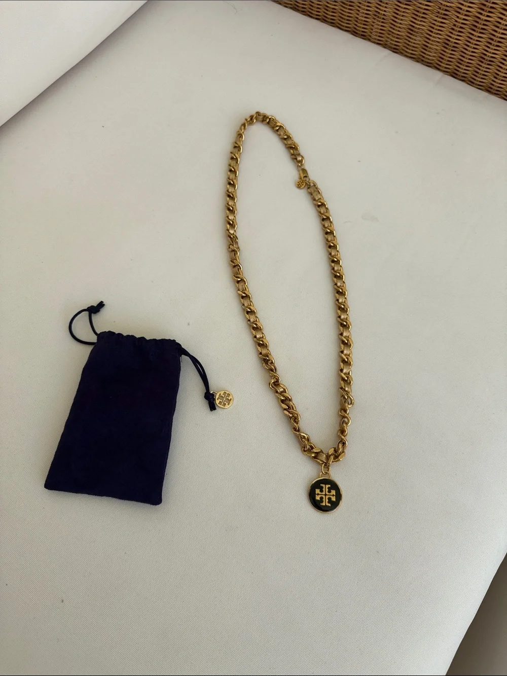 Tory Burch Gold-Tone Chain Necklace with Black Logo Pendant